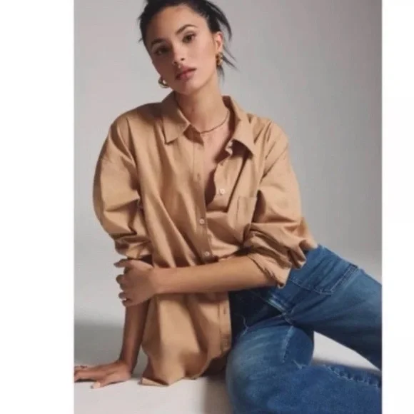 Maeve Anthropologie The Bennett Oversized Button Down Shirt Tan Long Sleeve XL - Picture 2 of 11